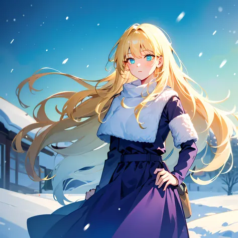 adult blonde with long hair, Cyan eyes, purple dress, winter, vibrant background, snowstorm, Cold