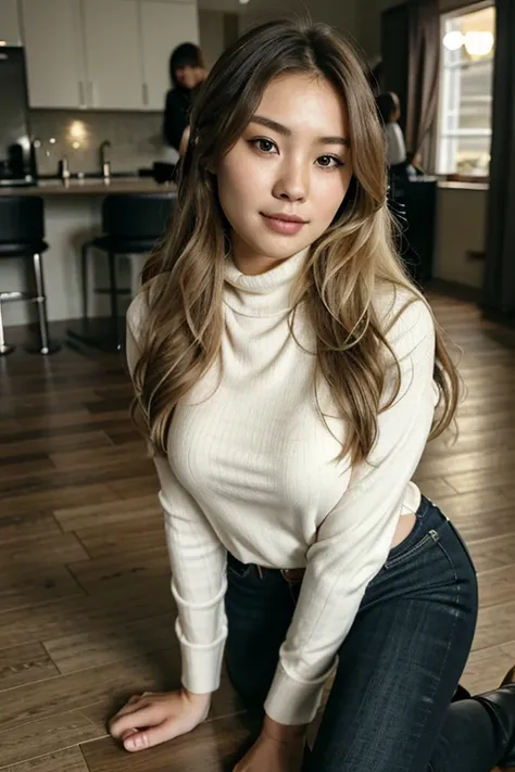 Korean girl in, age24, Solo, Long wavy hair, medium tits, long messy windy blonde hair, camera facing down at, at club, standingon floor, looking up at camera, half smile, biting lip, blondehair, Full body, (extremely detailed 8k wallpaper), soft lighting,...