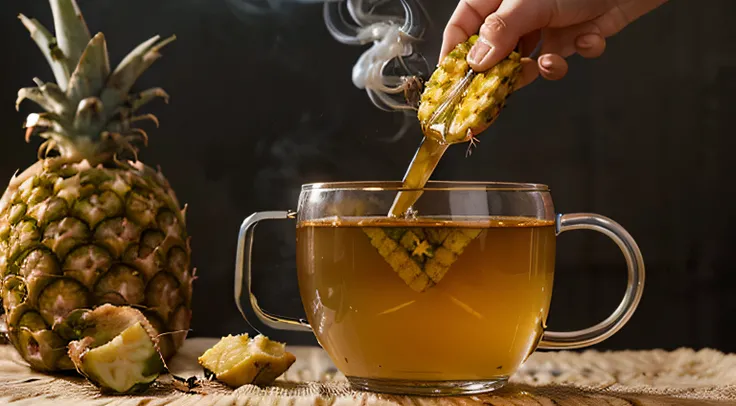 Imagem de (((Ginger Tea with Pineapple))), sendo colocado em um copo, with a kettle emitting smoke showing some of the ingredients it is made of, I really want clarity with every possible detail in this image.