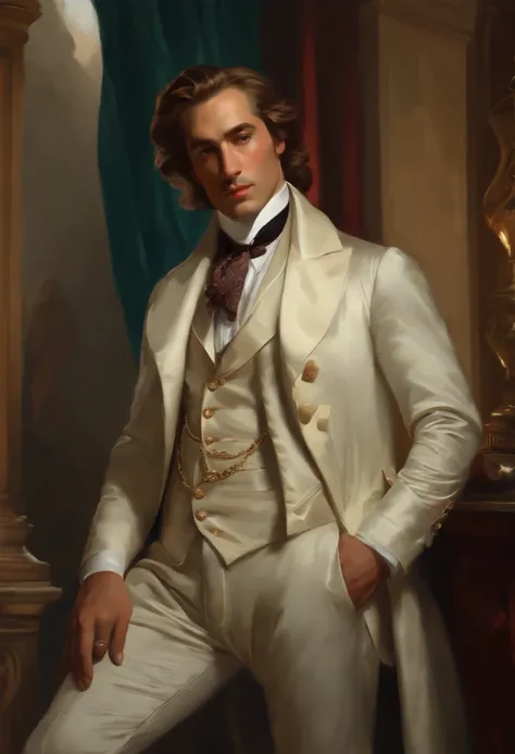 Painting of a handsome and masculine man, ((with long, falling over his shoulders)) and an embroidered masculine suit, ((Duke, from the Victorian Era)), (( robert de niro style)), in the background of a Paris brothel, Bowater art style, baroque digital pai...