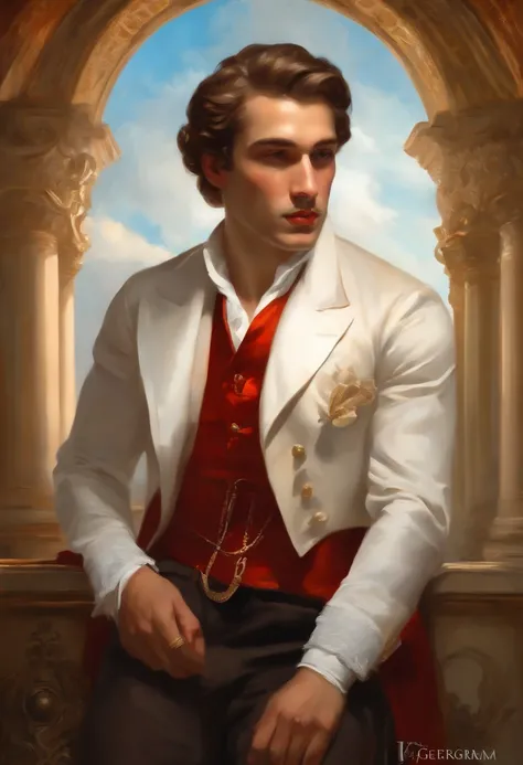 Painting of a handsome and masculine man, ((with long, falling over his shoulders)) and an embroidered masculine suit, ((Duke, from the Victorian Era)), (( robert de niro style)), in the background of a Paris brothel, Bowater art style, baroque digital pai...