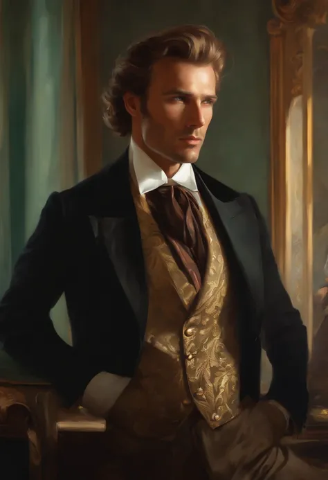 Painting of a handsome and masculine man, ((with long, falling over his shoulders)) and an embroidered masculine suit, ((Duke, from the Victorian Era)), (( Clint Eastwood style)), in the background of a Paris brothel, Bowater art style, baroque digital pai...