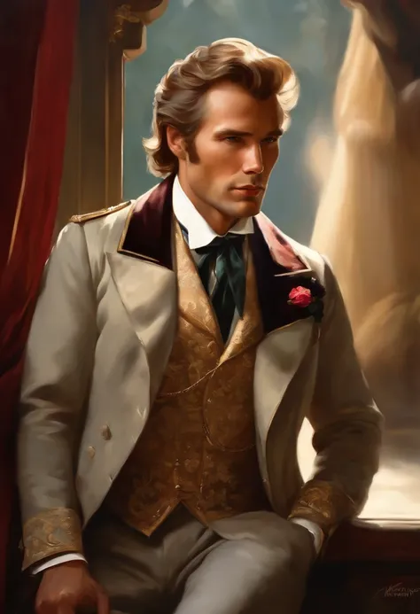 Painting of a handsome and masculine man, ((with long, falling over his shoulders)) and an embroidered masculine suit, ((Duke, from the Victorian Era)), (( Clint Eastwood style)), in the background of a Paris brothel, Bowater art style, baroque digital pai...