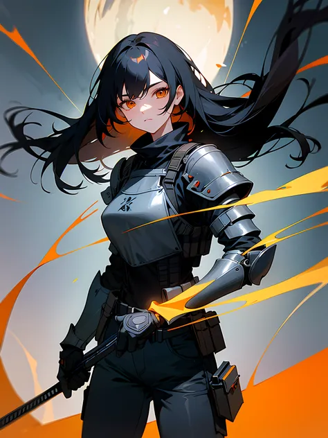 (8K Ultra High-Quality) (Masterpieces) 1 Girl, long Black hair, orange eyes color, wearing Tactical Jean, wearing Armor Vest, wearing tactical headset, smoke, look at viewer.