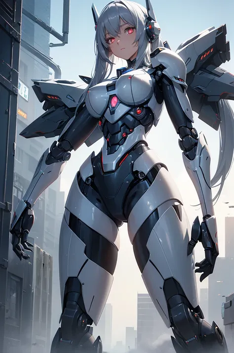 ((robot girl, mecha)), glowing eyes, delicate face, broken armor, mechanical aura, mechanical arm, gray hair, long hair, ceramic body, thigh gap, small breast, cyber background, very fine city, (translucent, reflective skin), 8k, best quality, ultra-detail...