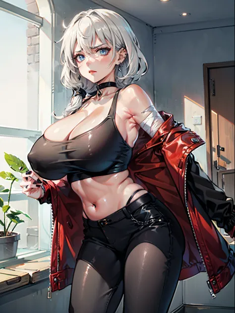 Good quality, 2D, one mature woman, white hair, long hair, blue eyes, piercings, tomboyish, big boobs, huge tits, large black jacket, black crop top, black pants, black eyeshadow, red lips, black nails, bandages, black choker, frowning face