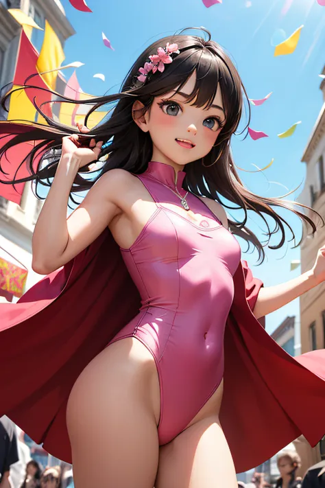 Very cute and beautiful girl,(very detailed beautiful face and eyes:1.2),(Pink leotard:1.2),(Sleeveless),(Laugh),
city street festival,(parade:1.2),(Many people wearing pastel colored costumes),a flag,empty confetti,Outdoors,depth of fields,
(Cowboy Shot),...