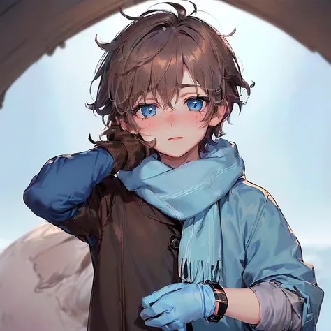 ((1Man)、((17 years old)、((high quality)、(Light blue eyes)、(ash brown dark hair with messy hair)、(pale skin with a blush on the cheeks))、cold colored scarf and gloves 、cold color jacket、background in the snow、((happy and adorable look)、((short hair)、asexual...