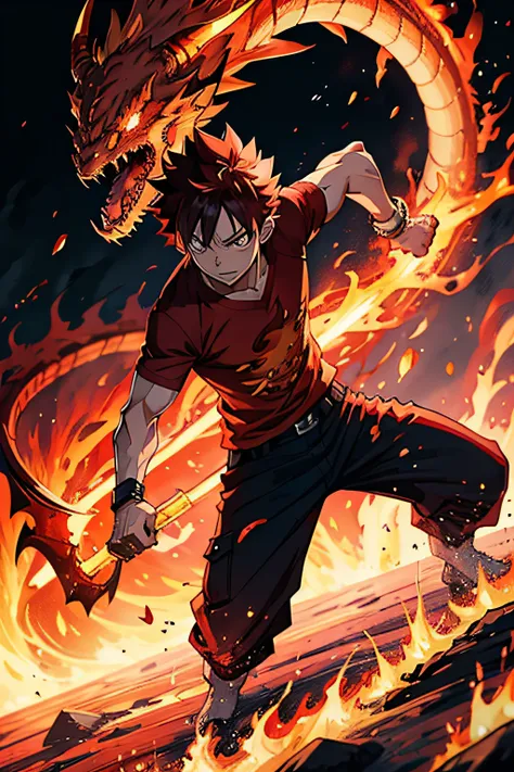 Natsu Dragneel, fighting, flame aura, Dragon background, fully clothed, red shirt