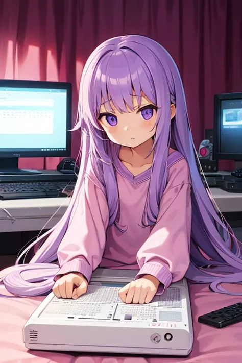 A little girl with a very long hair, light purple hair.,Playing computer games in the pink bedroom.