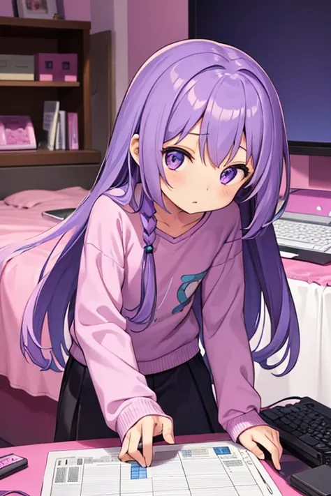 A little girl with a very long hair, light purple hair.,Playing computer games in the pink bedroom.