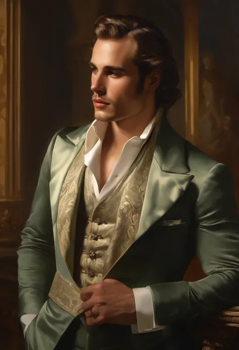 Painting of a handsome, masculine man, ((with long, falling over his shoulders)) and an embroidered mens suit, ((Duke, from the Victorian Era)), ((Marlon Brando style)), in the background of a Paris brothel, Bowater art style, baroque digital painting, ren...