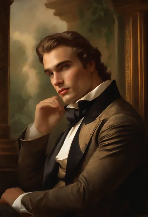 Painting of a handsome, masculine man, ((with long, falling over his shoulders)) and an embroidered mens suit, ((Duke, from the Victorian Era)), ((Marlon Brando style)), in the background of a Paris brothel, Bowater art style, baroque digital painting, ren...