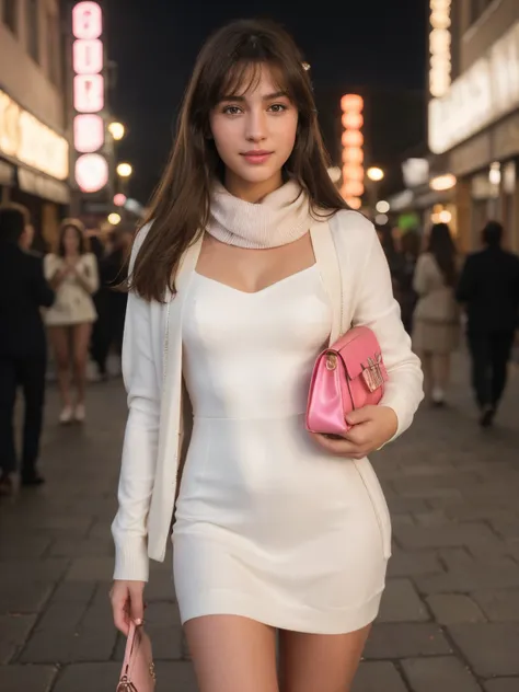 Beautiful European girl with brown eyes and brunette hair, wearing a close fitting white satin midi dress, with a white cardigan a silver scarf.  She is carrying a brown handbag. It is night. She is standing in the middle of a busy street. She is holding i...