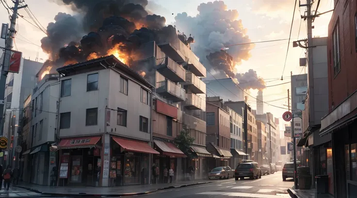 godzilla attacking a small town street. buildings are on fire and collapsing and the sky is turning grey with smoke. in the back...