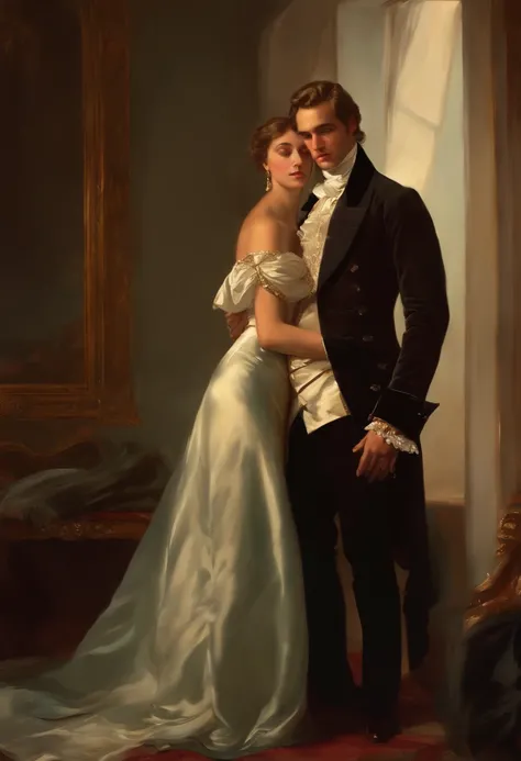 Painting of a handsome, masculine man, ((with long, falling over his shoulders)) and an embroidered mens suit, ((Duke, from the Victorian Era)), ((Marlon Brando style)), in the background of a Paris brothel, Bowater art style, baroque digital painting, ren...