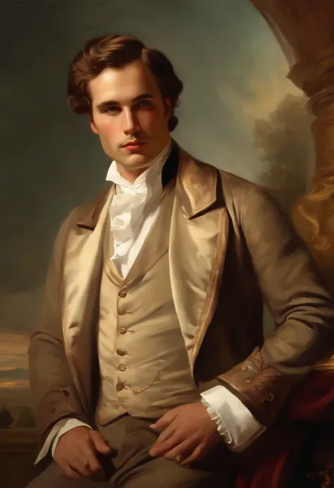 Painting of a handsome, masculine man, ((with long, falling over his shoulders)) and an embroidered mens suit, ((Duke, from the Victorian Era)), ((Marlon Brando style)), in the background of a Paris brothel, Bowater art style, baroque digital painting, ren...