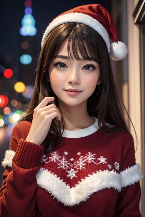 ((masterpiece)), (((best quality))), ((ultra-detailed)), ((illustration)), beautiful detailed eyes, 1girl ((dvm123)) wearing a christmas sweater in a snowy nightin the city, christmas decoration