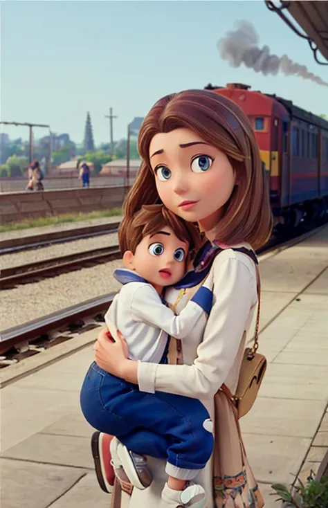 a mother holding her son with a locomotive approaching to the left and behind them, standing on an old passenger train waiting platform, estilo Disney, Pixar, altos detalhes