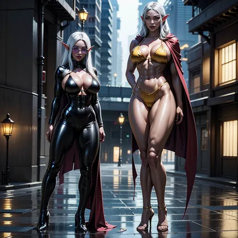 Full body, masterpiece, female drow elf purple skin standing pose (yellow tiger bikini), red cape, red bikini, long white hair, strong body, abs, Ultra Quality, Shiny Skin, Atmospheric, 8K, Cinematic, ((Street background)), BREAK, Sunglasses