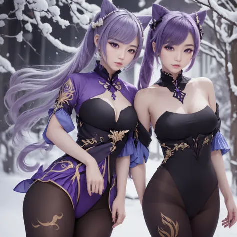 ((Genshin Impact)), ((Keqing)), ((Focus on the hips)), (black tights:1.2), traditional beauty, gorgeous chinese model, draped in purple and blue silk, with beautiful exoticism, hairlong, purple hair, violet eyes, cat ears on top of head, soft, A fluffy, sc...