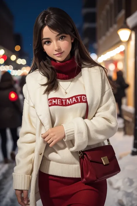 ((Obra maestra)), (((La mejor calidad))), ((Ultra detallado)), ((插圖)), hermosos ojos detallados, 1girl ((dvm1234)) wearing a Christmas sweater on a snowy night in the city, Christmas decorations