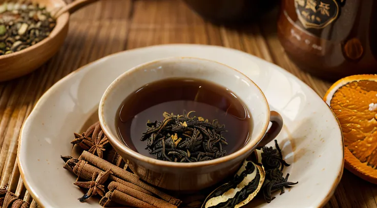 Imagem de (black tea (((laranja))) e canela), being placed in a normal glass and showing some ingredients of what it is made of, I really want clarity with every possible detail in this image.