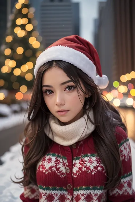 ((Obra maestra)), (((La mejor calidad, detallado)), hermosos ojos detallados, 1girl ((KimberlyNobodySD15)) wearing a Christmas sweater on a snowy night in the city, Christmas decorations