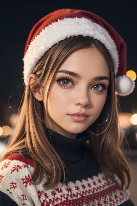 ((Obra maestra)), (((La mejor calidad, detallado)), hermosos ojos detallados, 1girl ((KimberlyNobodySD15)) wearing a Christmas sweater on a snowy night in the city, Christmas decorations