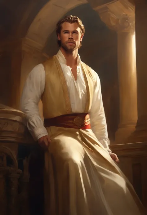 Painting of a Man, handsome and masculine, ((with long, falling over his shoulders)) with a Priests cassock, ((Duke, from the Victorian Era)), ((Chris Hemsworth style)), in the background of a Paris brothel, Bowater art style, baroque digital painting, ren...