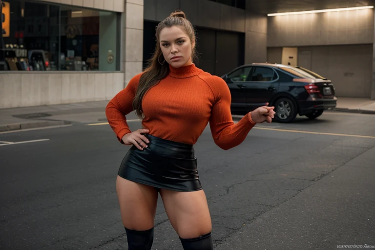 Ronda rousey, Generate a full length fashion portrait of a heavily muscled iff pro female bodybuilder , her makeup, hair, she is dressed ias Velma from scooby doo, wearing a orange wiolen knit jumper, BREAK short grey flated skirt, BREAK whiye stockings, B...