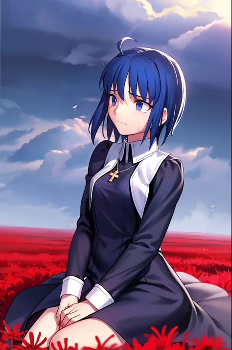 ciel_(tsukihime), best quality, masterpiece, high resolution, 1girl, long sleeves black dress, blood, closed mouth,  cross, lati...