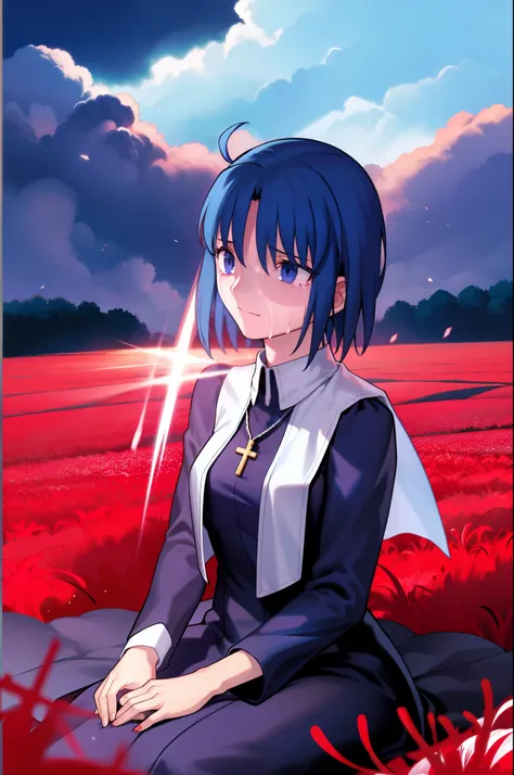 ciel_(tsukihime), Best quality, masterpiece, high resolution, 1girl, long sleeves black dress, blood, closed mouth,  cross, latin cross, crying, crying with eyes, fingernails, holding, holding cross, , looking away, looking up, own hands together, red flow...