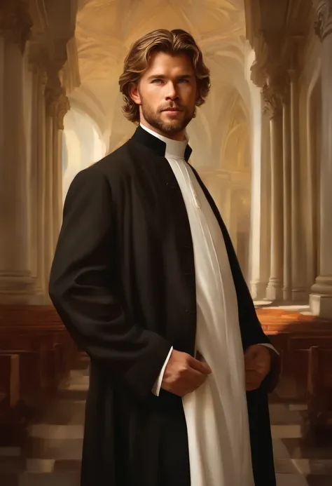 Painting of a Man, handsome and masculine, ((with long, falling over his shoulders)) ((with the cassock of a Victorian Era Priest)), ((Priest, from the Victorian Era)), (( a Priest)), ( (Chris Hemsworth style)), in the background of a Spanish church, Bowat...