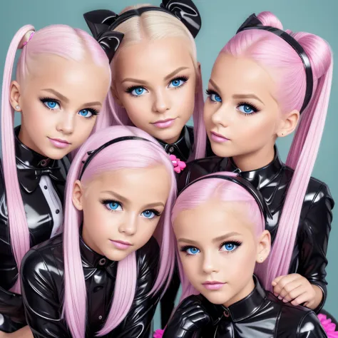 ((best quality)), ((meisterwerk)), (detailliert), perfektes gesicht, 4 gorgeous twin schoolgirls, blondes haar, space buns, pink...