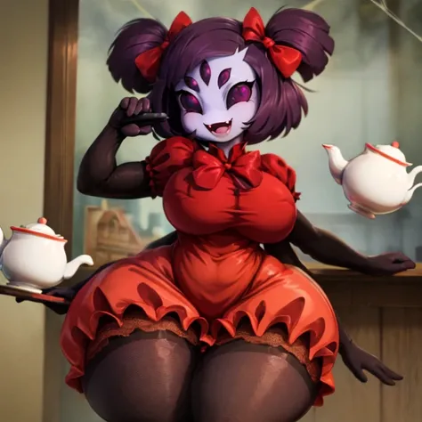 masterpiece, best quality, a beautiful and detailed portriat of muffet,(muffetwear), monster girl,((purple body:1.3)),humanoid, arachnid, anthro,((fangs)),pigtails,hair bows,5 eyes,spider girl,6 arms,solo,smile, clothed, open mouth, awesome and detailed ba...