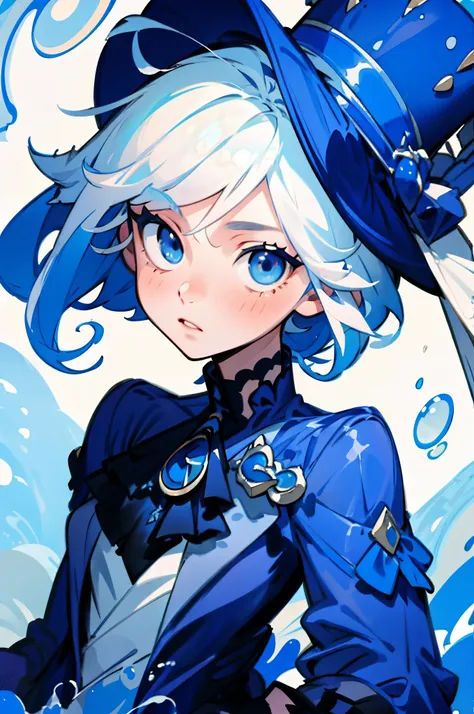 (best qualtiy,tmasterpiece,aquarelle,Splash ink),1 beautiful and delicate portrait of a girl,Playful and cutewhite hair, blue eyes, blue clothes, blue hat (((fullbody)))