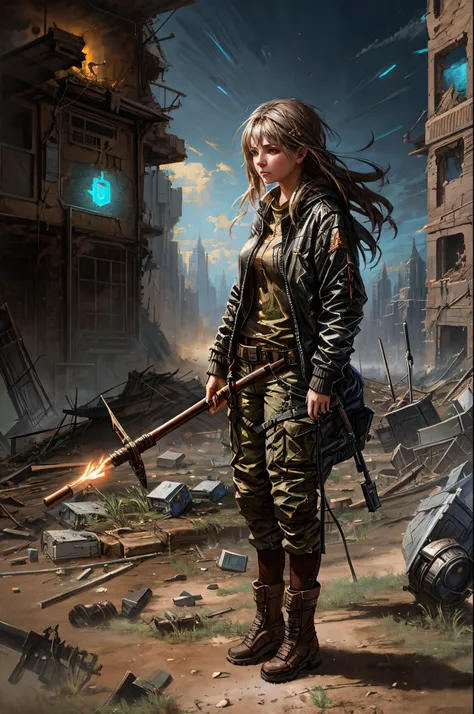 there is a girl standing in a ruined city with a stick, stefan koidl inspired, wojtek fus, apocalyptic art, alexey egorov, stefan koidl, greg beeple, artwork in the style of guweiz, pino daeni and dan mumford, andreas rocha style, in a post-apocalyptic was...