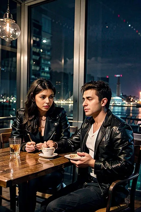 color photo of a handsome, muscular man wearing a coat, sitting in a cafe by the Istanbul Bosphorus at night. He is accompanied by a stunningly attractive woman who is shorter than him. In the background, the majestic Istanbul Bosphorus is visible, with it...