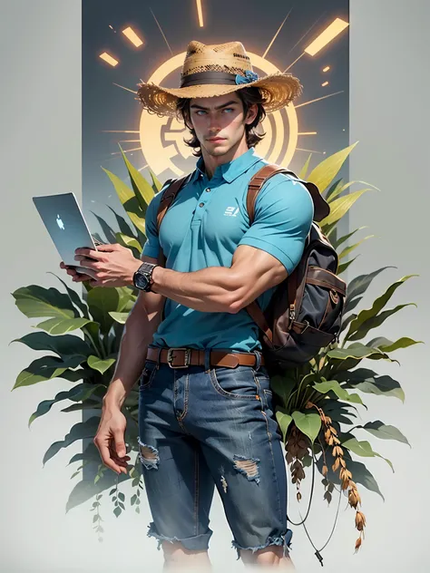 Sculpture design, Figure, (base). male people, Handsome, muscular, (with shaggy brown hair, blue eyes), stubble, wearing blue jeans and green t-shirt, wearing old farmers straw hat, wheat field behind him, Systemic vision，semi transparent，Computer graphic ...