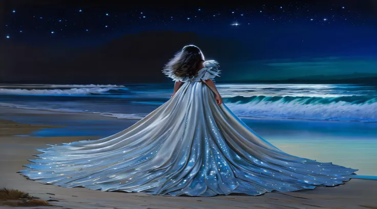 face hidden, painting of a woman in a long silver dress standing on a beach, jim warren, flowing gown, inspired by Christophe Vacher, inspired by Ruth Sanderson, fantasy dress, flowing dress, magical dress, karol bak uhd, beautiful fantasy art, by Nene Tho...