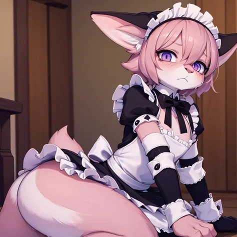 A boy, halfway into transforming into a furry maid, scared an painful look