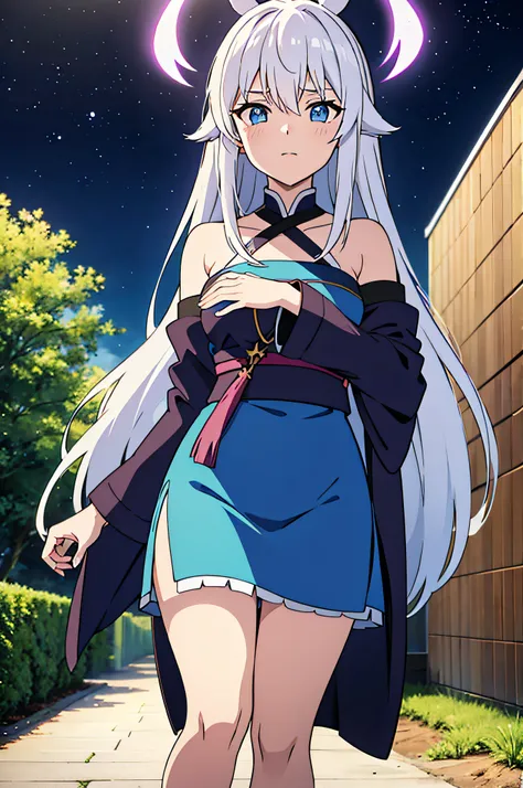 1Person, Kurze Haare, Big fox ears, Keine Menschen Ohren, Fuchsschwanz, White hair, Blaue Augen, Nacht, Mondlicht, Dunkel, Dichter Wald als Hintergrund, Detailiert, UHD, best qulaity, hight resolution