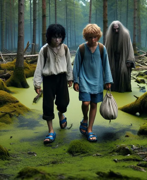 A scary fairy-tale swamp, around the forest, two sad, frightened, tired teenagers in blue sandals are walking through the swamp, there is moss and swamp under their feet, a black-haired twelve-year-old teenager in a white long-sleeve shirt and black trouse...