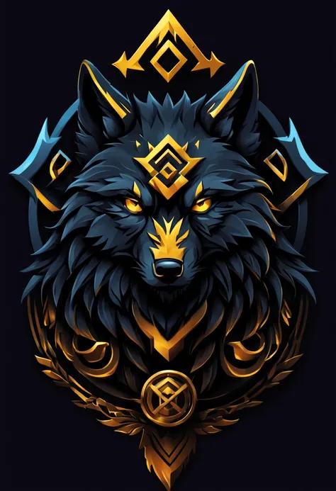 awesome logo of a hacker group using nordic symbols such as wolf, Fenrir, dark fur, golden eyes,