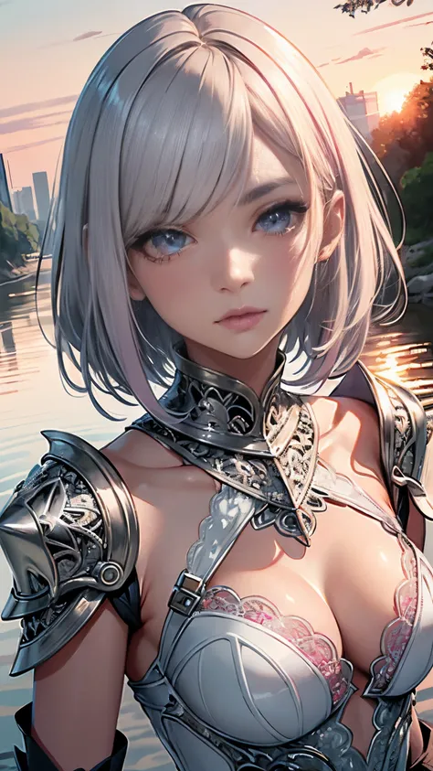 Realistic, Hyper Detail, Girls only, Layered Bob, Dynamic lighting, ((Bold imaginative poses)), (Glossy skin: 1.5), masutepiece, of the highest quality, absurdity, Watching Viewer, (blonde and pink hair), deep purple clear eye beautiful, Detailed eyes, Eye...