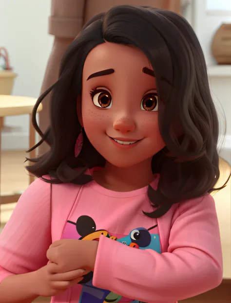 uma mena feliz com a boca suja de melancia e roupa rosa, estilo disney pixar, alta qualidade, melhor qualidade