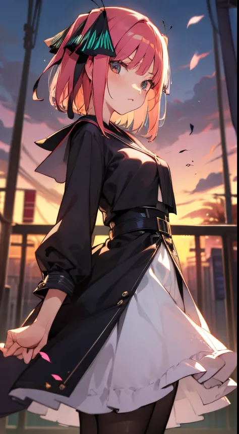 anime girl, looks at viewer, tokyo, pink hair, two black and blue butterfly bows, White tights, elegant dress, short hair, anime Japan, sunset, closed mouth, angry, tights, gothic