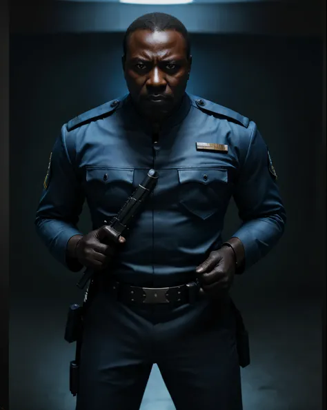 a poster for a blockbuster, character african black corrupt cop on blue uniform,  weapon on his hand. 8k resolution, make it real.