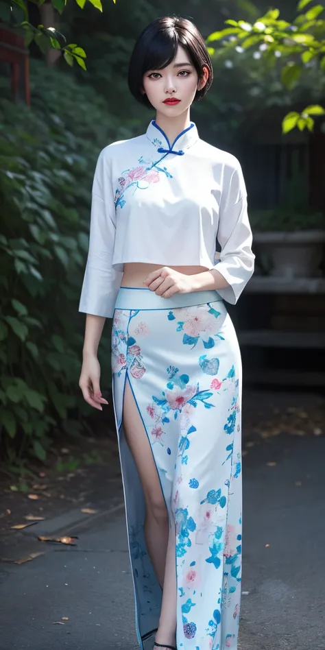 (white chinese upshirt:1.2),(floral printed chinese upshirt:1.2),(blue long skirt:1.2),(floral printed long skirt:1.2),1 girl,full body, high heels,(short hair:1.1), (realistic:1.7),((best quality)),absurdres,(ultra high res),(photorealistic:1.6),photoreal...